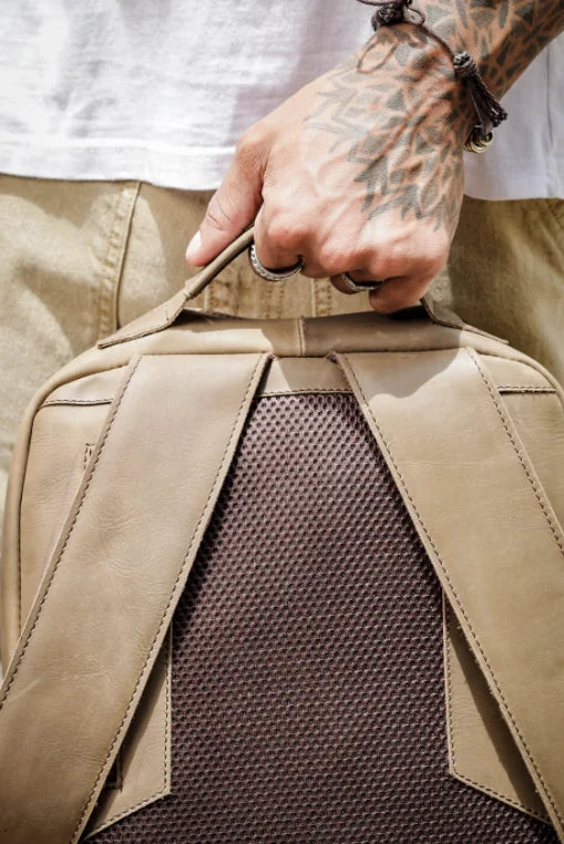 beige leather backpack light weight