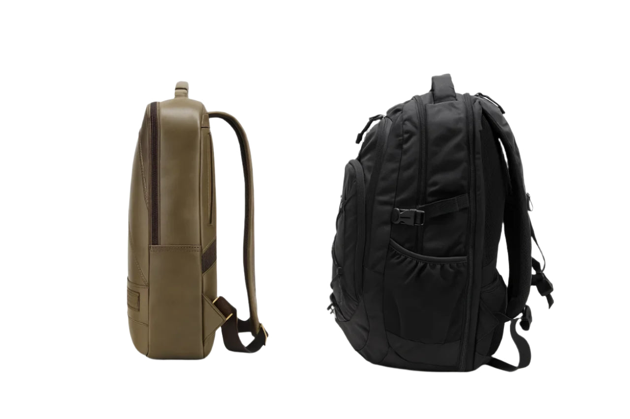 the beige leather backpack is sleek