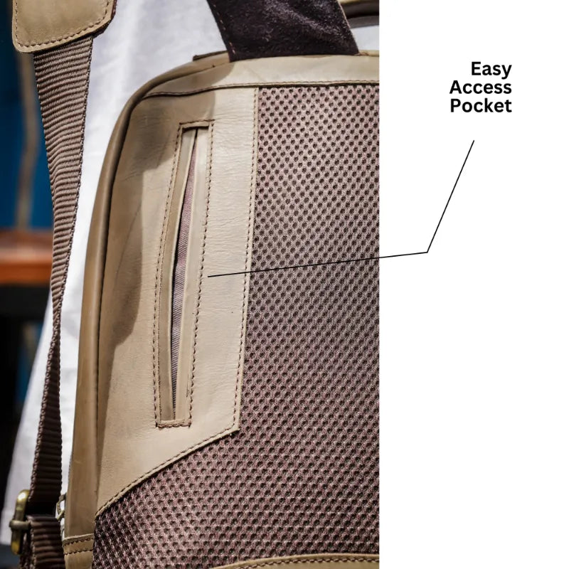 beige leather backpack easy access pocket