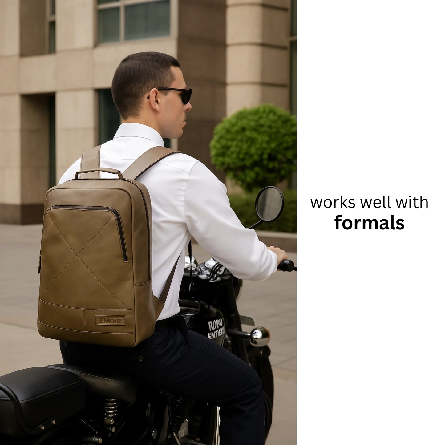 person wearing beige leather backpack with formals
