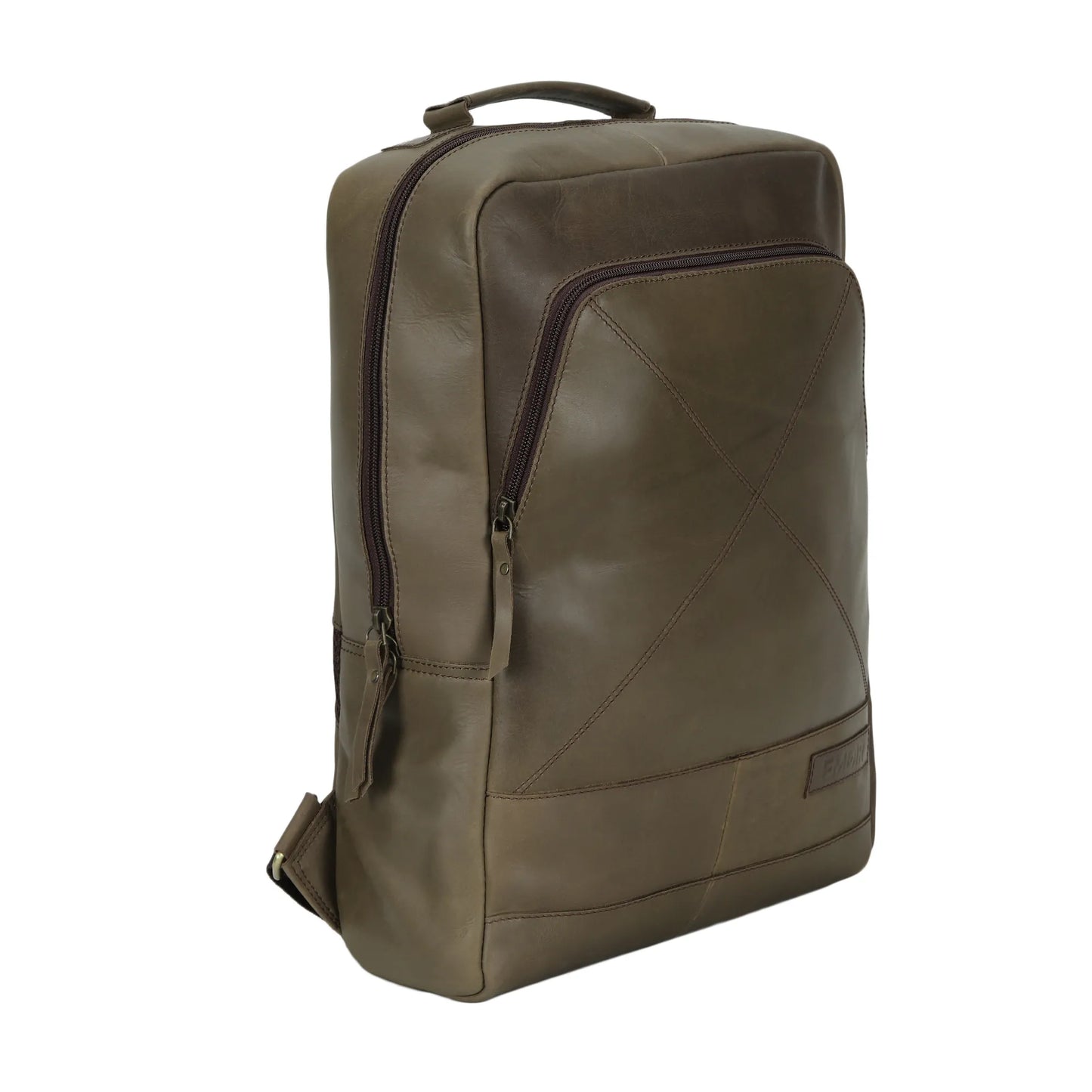 beige leather backpack side view