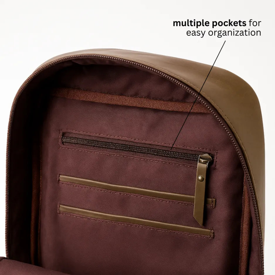 beige leather backpack multiple sub-compartments