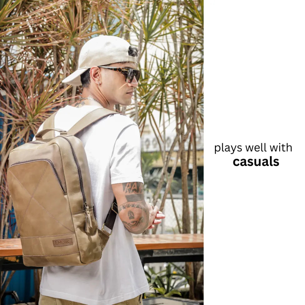 person wearing beige leather backpack with casuals