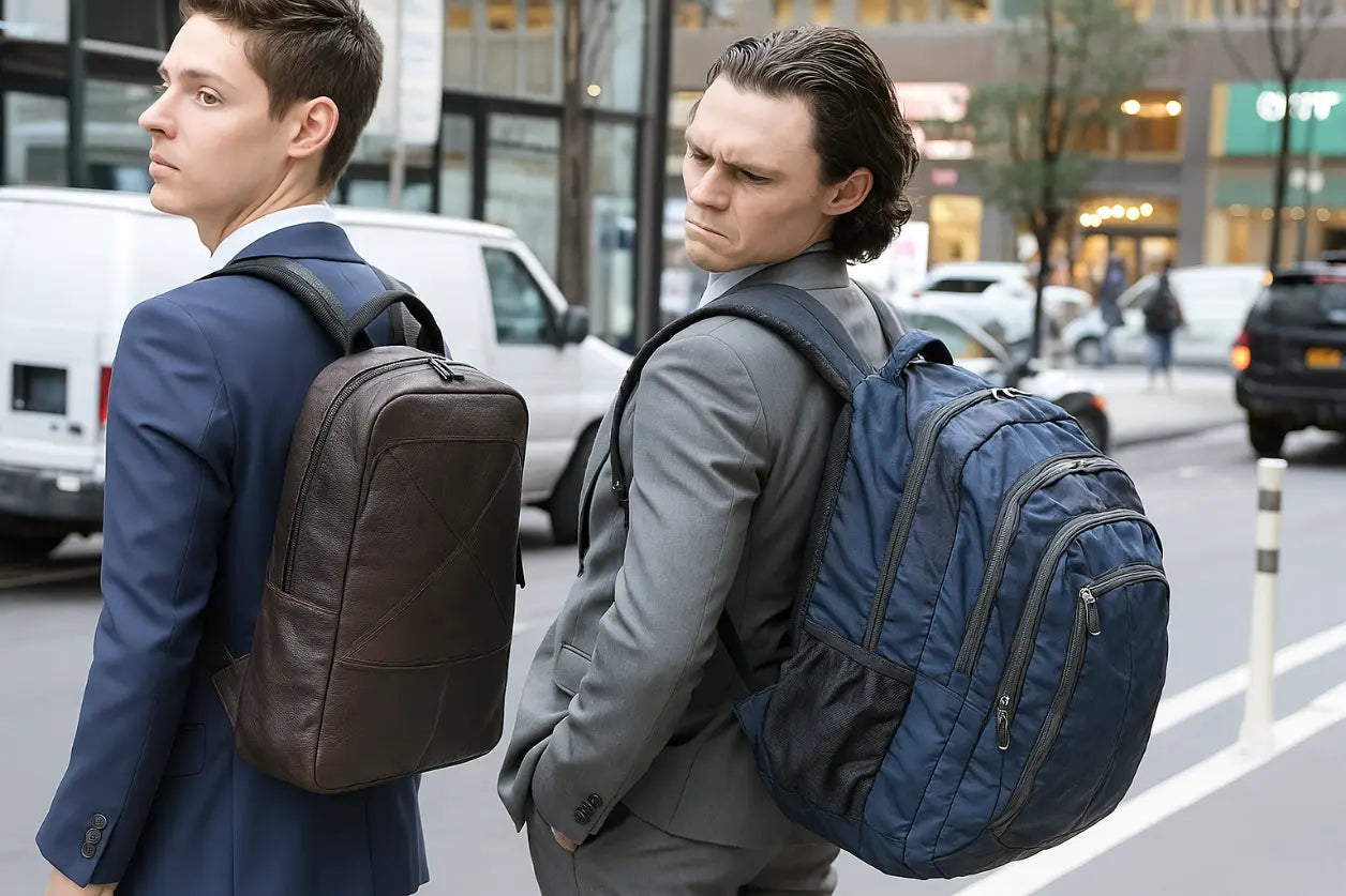 black leather backpack is slim, not bulky