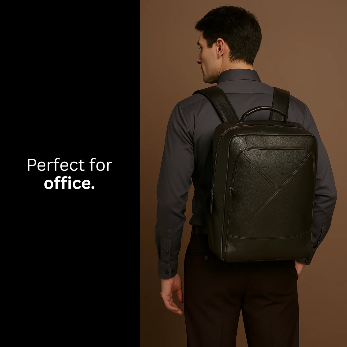 black leather backpack worn by a corporate professional image