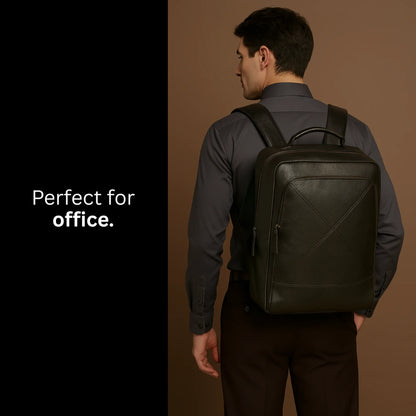 black leather backpack worn by a corporate professional image