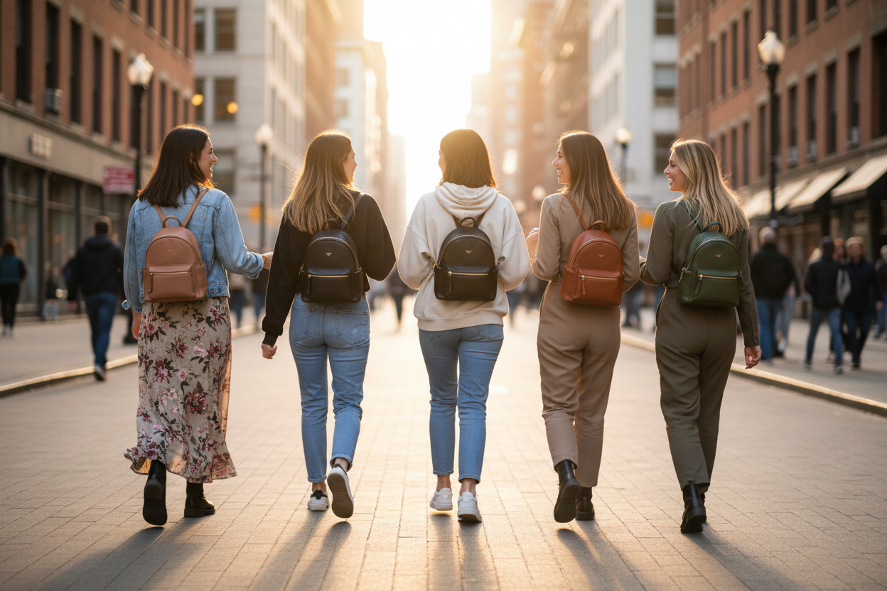 many girls carry leather mini backpacks. super aesthetic motion shot
